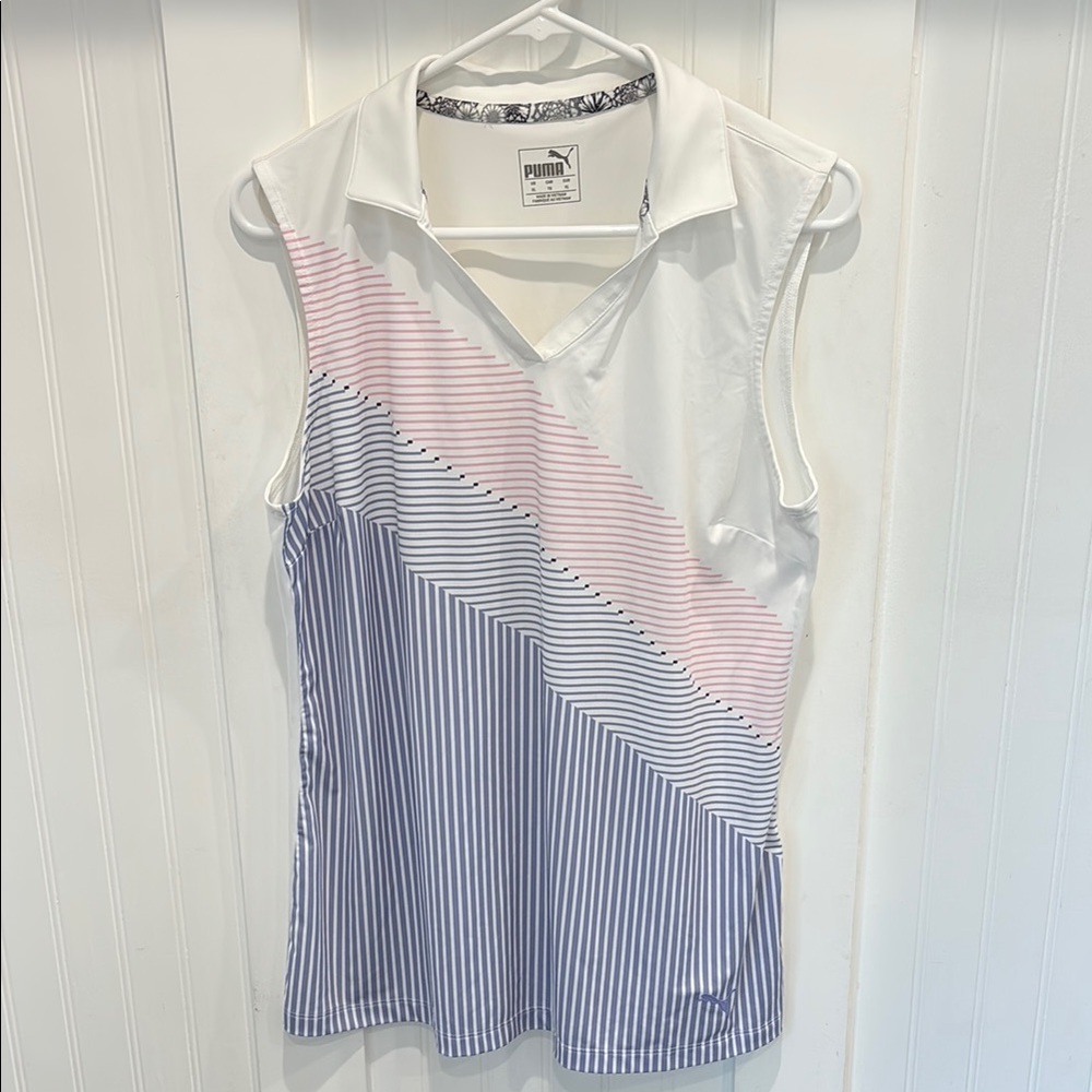 Puma Women's Striped Sleeveless Top - White, Pink, and Blue